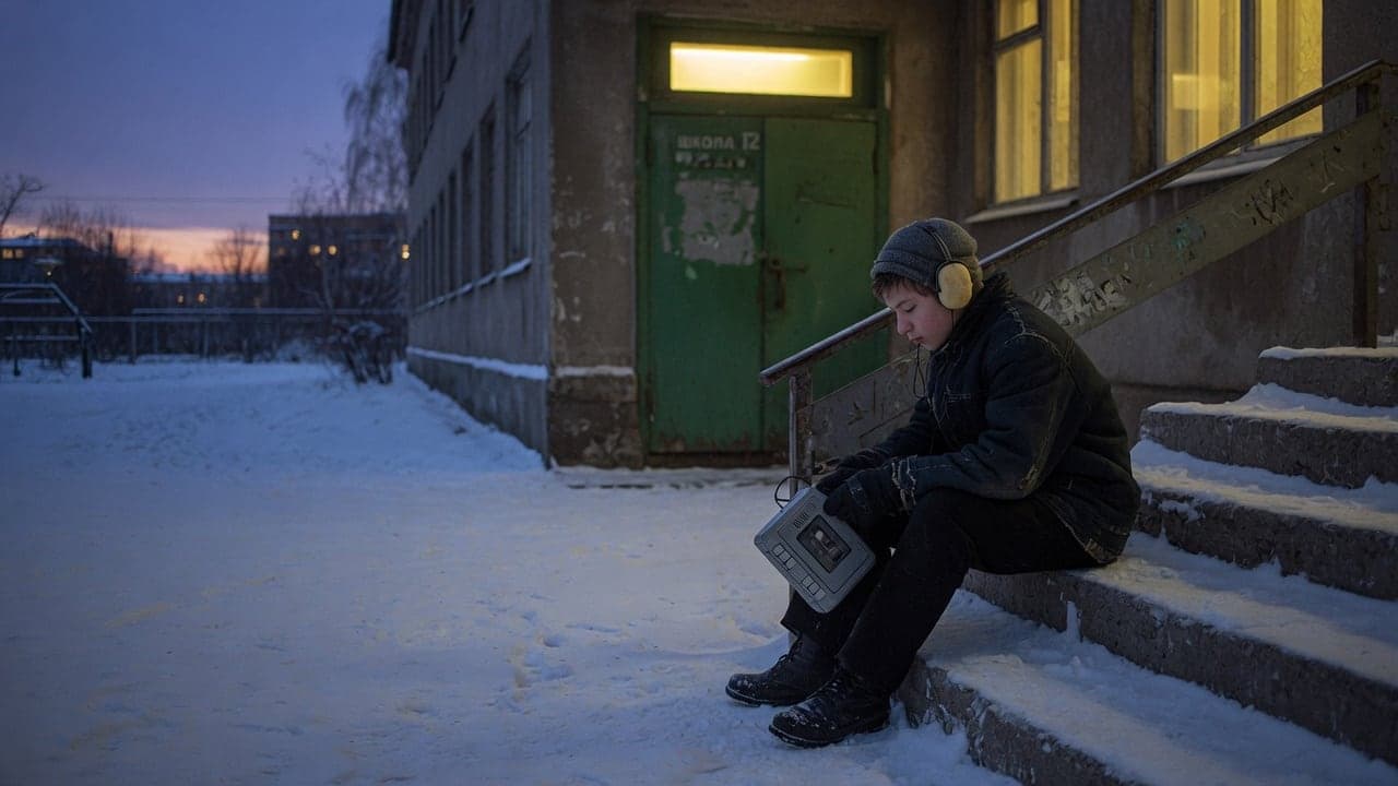 Подросток в зимней куртке и вязаной шапке сидит один на заснеженных ступенях школы в сумерках, в наушниках, с кассетным плеером в руках