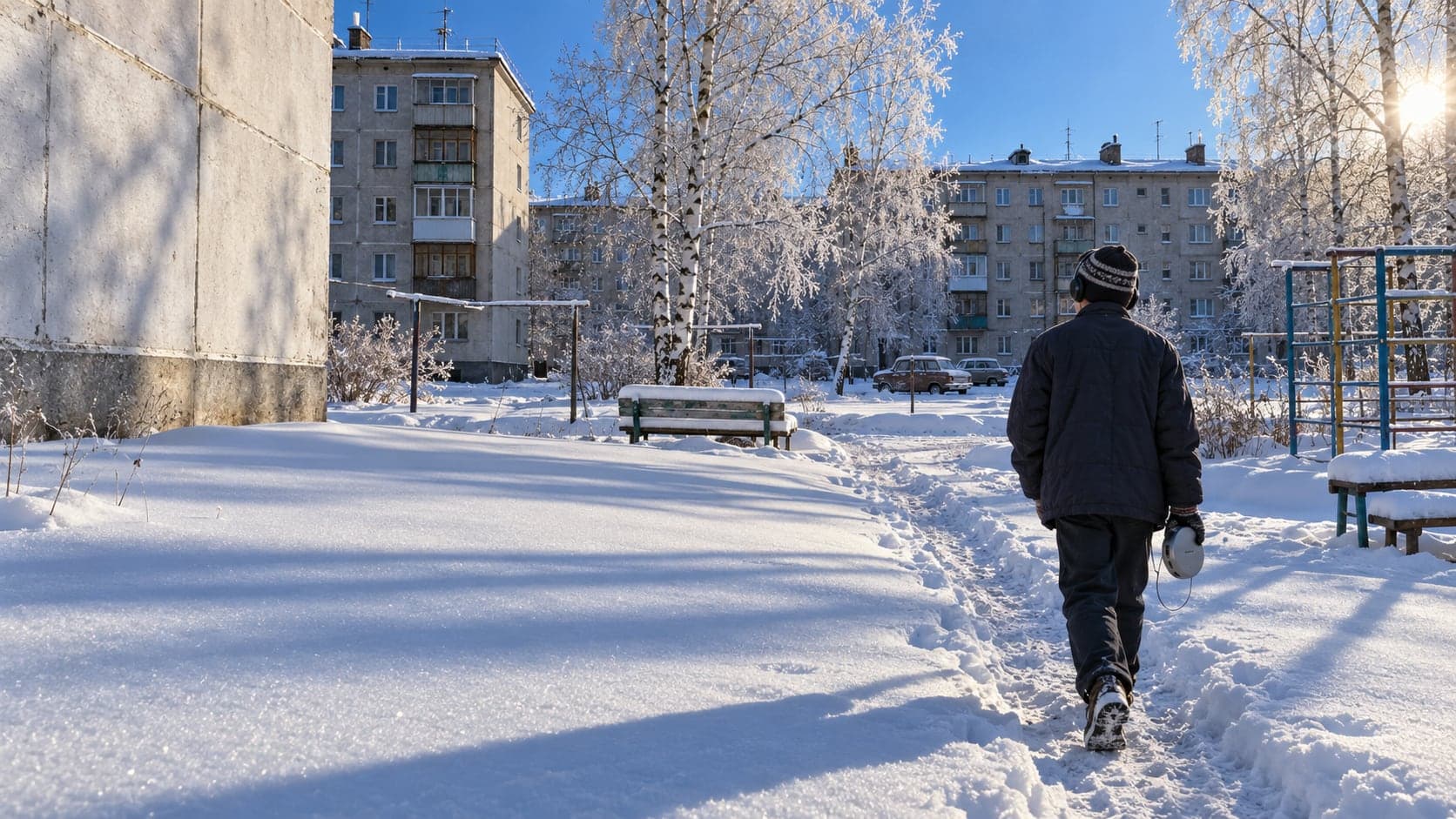 Солнечное январское утро во дворе хрущёвок: подросток в куртке и вязаной шапке идёт по тропинке в снегу, в наушниках, с CD-плеером в руке