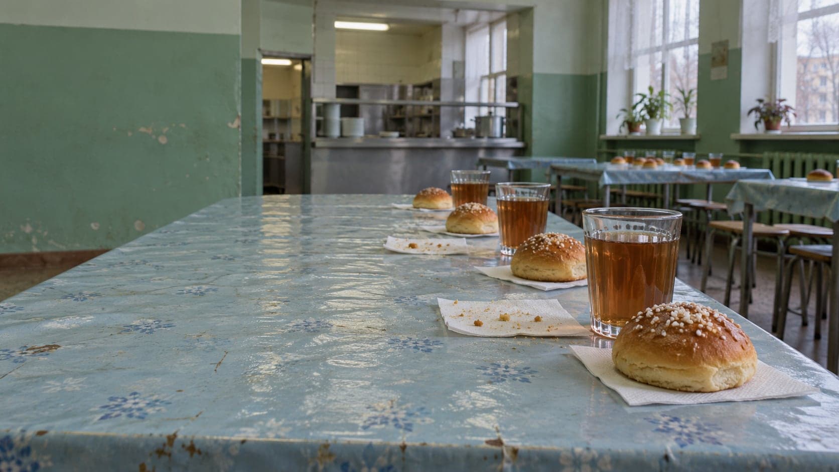 Школьная столовая: на столе с голубой клеёнкой в ряд лежат булки, посыпанные сахаром, и стоят гранёные стаканы с чаем